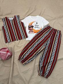 Áo thun tay ngắn chủ đề lễ Ramadan cho bé trai tuổi mới lớn, áo vest và quần in họa tiết hình học, bộ 3 món thường ngày - Nhiều màu - Xem 3