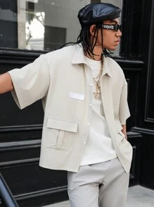 PAVTROS Manfinity Streetrush Men's Button Front Short Sleeve Pocket Simple Shirt, Boyfriend Gift - Khaki - View 4