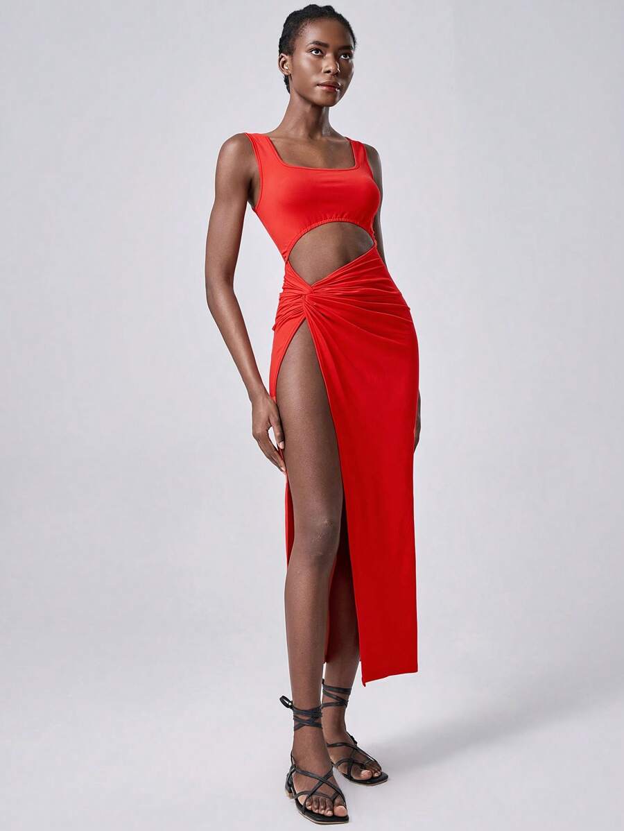 SHEIN Unity Women's Solid Color Square Neck Waist Cutout Side Slit Hem Sexy Dress - Red - View 1