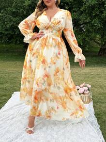 Flirla Abito in chiffon con scollo a V maniche lunghe elegante, con motivo floreale ditsy, romantico e puro, adatto alla primavera/estate, per spiaggia o vacanza - Multicolore - Visualizzare 7