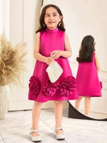 SHEIN Leap Crew Young Girl Elegant Loose Casual Round Neck Sleeveless Midi Dress With Exaggerated 3D Floral Design - Hot Pink - View 5