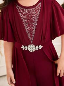 SHEIN Young Girl Rhinestone Embellished Ruffle Sleeve Jumpsuit With Capelet