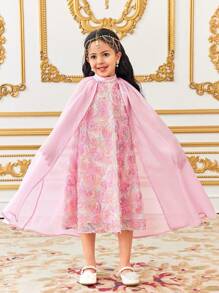 SHEIN 2pcs Set: Colorful Floral Embroidered Mesh Frill A-Line Collar Tank Dress & Organza Shawl Jacket, Elegant Casual For Young Girls