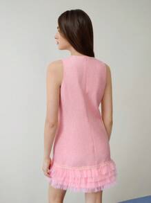 MOTF STUDIO TWEED CONTRAST MESH RUFFLE HEM DRESS,VALENTINE'S DAY OUTFIT,SPRING/SUMMER - Pink - View 6