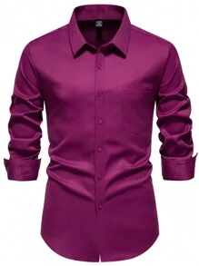 Manfinity Mode Men's Solid Color Single-Breasted Pocket Long Sleeve Casual Shirt