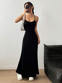 SHEIN Unity Abito casual lungo senza maniche e con spalline incrociate sulla schiena, di colore tinta unita, da donna - nero - Visualizzare 2