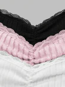 SHEIN LUNE Women's Solid Color Fuzzy Knit Ribbed Splice Lace Trim Shirring Slim Fit Camisole 3-Piece Set, Autumn/Winter