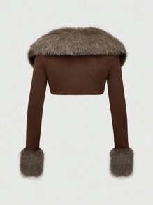 ROMWE Grunge Punk 女士 Y2K 风格感恩节拼布蓬松领短款棕色上衣 - 咖啡棕 - 查看 2