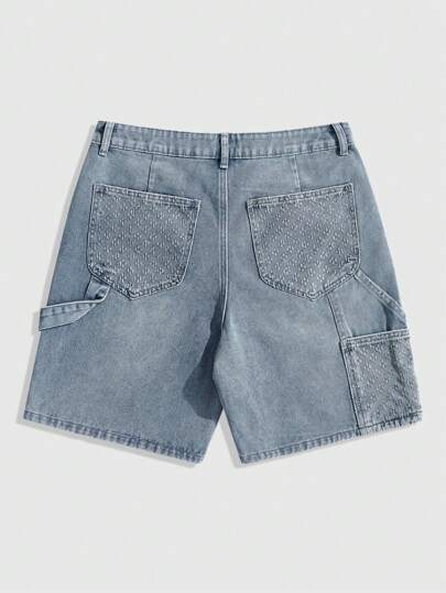 ROMWE MEN Spring/Summer Casual Men'S Casual Washed Denim Cargo Shorts Jorts
