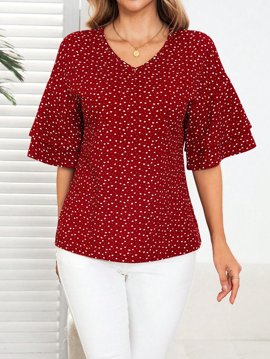 EMERY ROSE Valentine's Day Women Heart Print Top,Double Ruffled Short Sleeve T-Shirt - Multicolor - View 1