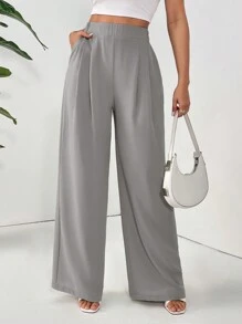 SHEIN Essnce 女士纯色口袋简约褶裥直筒裤，休闲日常穿着，夏季娇小款女裤，夏季休闲裤 - 灰色 - 查看 6