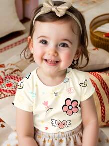 SHEIN Baby Girl Casual Flower & Heart Printed Short Sleeve Round Neck Top, Suitable For Spring/Summer - Multicolor - View 5