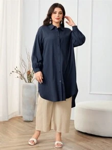 Mulvari Áo sơ mi trơn tối giản cỡ lớn, mặc hàng ngày - Màu xanh hải quân - Xem 2