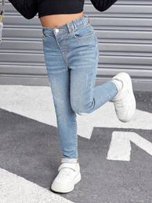 SHEIN SLAYR KIDS Young Girls' Vintage Blue Ripped Jeans, Cool Thanksgiving, Fall And Winter - Medium Wash - View 6