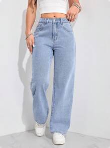 SHEIN PETITE Women's Bow Embroidered Pocket Casual Straight Leg Jeans - Light Wash - View 6