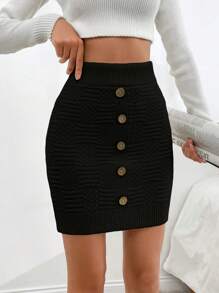 EURMUSE Casual Texture Knit Mini Sweater Skirt With Button - Black - View 6