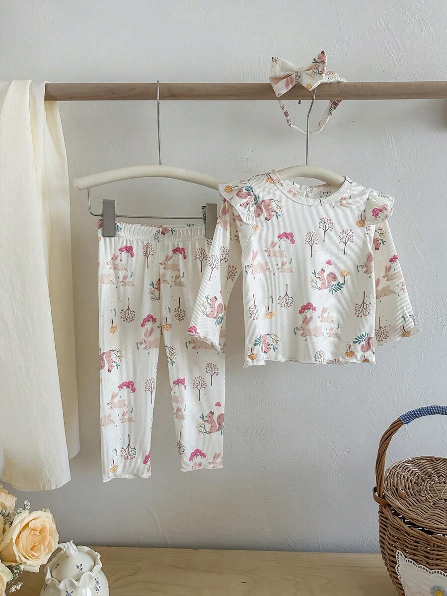 3pcs Baby Girl Easter Outfit,Cute Multicolor Funny Rabbit Squirrel Mushroom Forest Long Sleeve T-Shirt,Leggings&Headband Set,Autumn Family Matching - Khaki - View 1