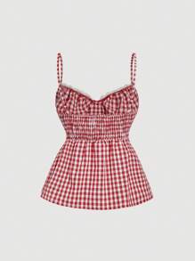 SHEIN MOD 红色格子无袖上衣，胸前有褶皱，低腰喇叭下摆，红色上衣，女士优雅夏季上衣，外出上衣，上衣 - 紅白色 - 查看 2