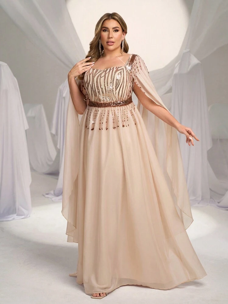 SHEIN Belle Plus Size Elegant Champagne Color Maxi Length Puff Sleeve  Sequin Panel Tassel Waist Chiffon Formal Evening Gown | SHEIN USA