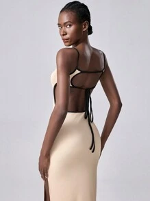 Chiquease Váy bó sát dệt kim màu mơ và đen, váy dệt kim buộc dây hở lưng - Màu be - Xem 2