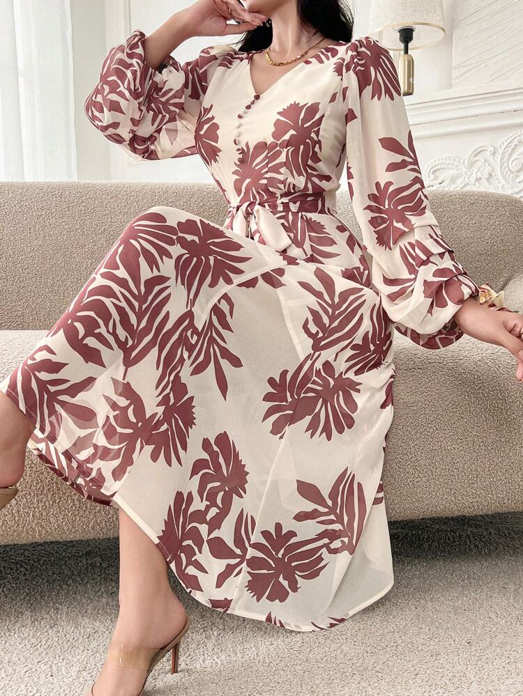 V-Neck Puff Sleeve Mid-Length Floral Print Dress For Women,Fall Dress Long Sleeve Dress Vacation Outfits Women Maxi Dress Boho