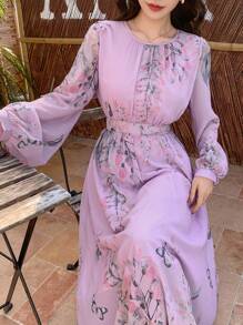 DAZY Vestido de mujer con cuello redondo, manga abullonada y estampado floral hasta la pantorrilla, vestido de otoño