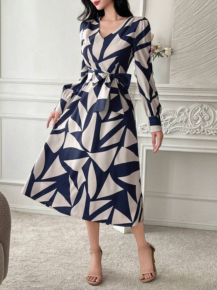 Geometric Pattern V-Neck Puff Sleeve Belted Midi Dress For Women,Casual Women Dresses,Fall Dress Long Sleeve Dress