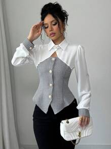 SHEIN PETITE New Patchwork 2 In 1 Hollow-Out Tailored Long Sleeve Top Shirt - Black and White - View 4