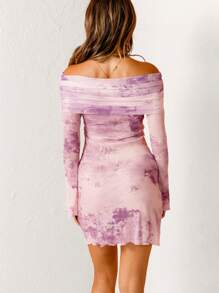 Aralina Vintage Tie-Dye Fold-Over Off-Shoulder Long Sleeve Mini Dress - Mauve Purple - View 2