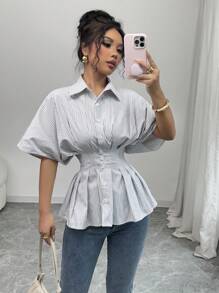 Chiquease Áo cánh tay ngắn tay bồng, đơn hàng khuy, bó eo, viền bèo kẻ sọc thanh lịch - Cà phê nâu - Xem 1