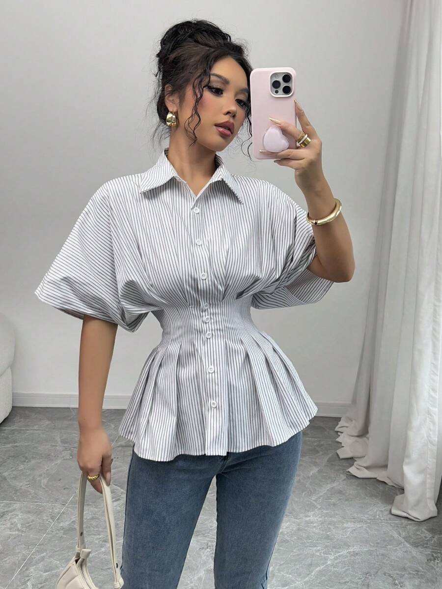 Chiquease Áo cánh tay ngắn tay bồng, đơn hàng khuy, bó eo, viền bèo kẻ sọc thanh lịch - Cà phê nâu - Xem 1