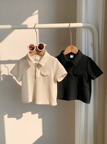 SHEIN Set de 2 pullovers de bebé niño de unicolor, de punto suave, con cuello vuelto, manga corta y cierre parcial - Multicolor - Ver 6