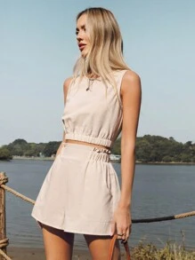 SHEIN LUNE Conjunto de camisa sin mangas con bajo ajustable con cordón y bolsillo fruncido en la cintura, shorts acampanados, hecho de mezcla de lino