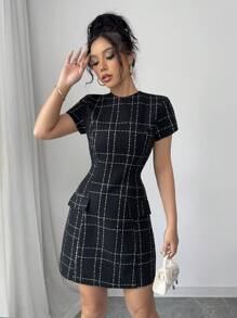 Elenzga Đầm ôm body mini kẻ caro vải tuýt kiểu Pháp thanh lịch dành cho nữ - màu đen - Xem 6