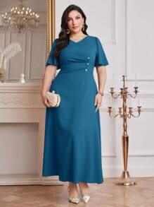 Modelyn 勃艮第红色女士纯色简约日常大码连衣裙，优雅晚会长裙 - 水鴨藍 - 查看 6