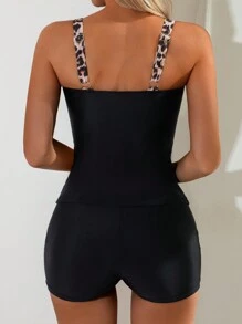 Swim Lushoire 2 件套女士春假豹纹针织比基尼上衣和短裤套装，纯色侧腰随机印花圆领无袖休闲运动泳装 - 黑色 - 查看 2