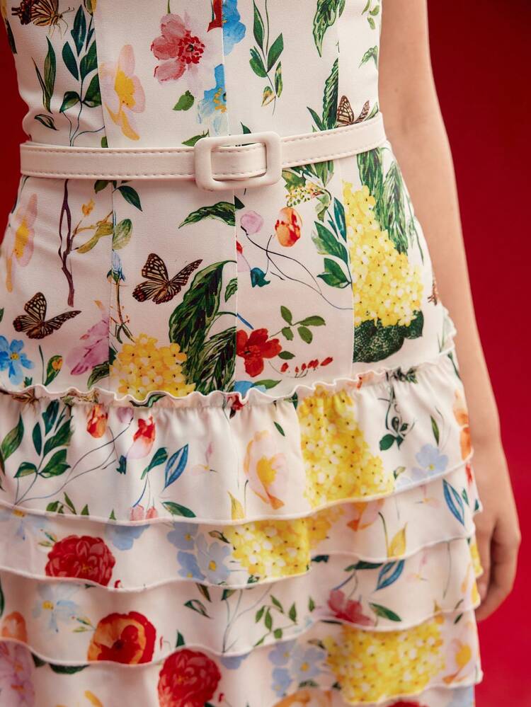 FLORAL PRINT LAYERED HEM TUBE DRESS,SPRING/SUMMER