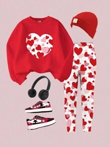 Young Girl Casual Heart Pattern Long Sweatshirt And Leggings 2 Pieces Clothes Outfit Set