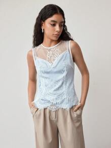 MOTF STUDIO BLUSA SEM MANGAS COM RENDA CONTRASTANTE - Azul e Branco - Visão 5