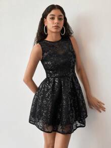 MOTF STUDIO SEQUIN MESH FLARED TANK DRESS - Black - View 8