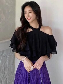 DAZY Blusa de gasa con hombros abiertos, volantes y manga corta de unicolor para mujer, primavera/verano - Negro - Ver 8