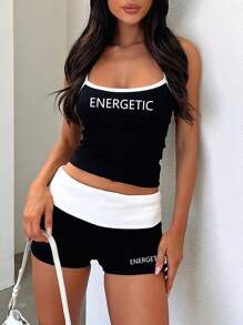 INAWLY Conjunto de camiseta de tirantes y shorts slim fit para mujer, informal y sencillo pero con estilo - Blanco y Negro - Ver 3