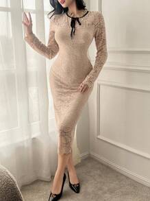 DAZY Lace Splicing Contrast Collar Mid-Length Dress For Women, Suitable For Dates,Fall Dress Long Sleeve Dress - Khaki - View 9