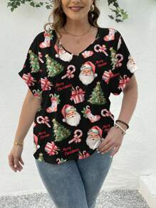 SHEIN Essnce Áo thun tay ngắn cổ chữ V họa tiết ông già Noel và bông tuyết đơn giản giản dị dành cho nữ cỡ lớn, phù hợp cho dịp Giáng sinh - trắng - Xem 6