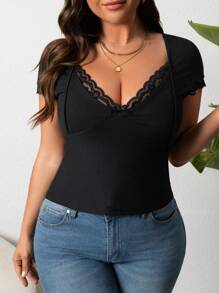 Celure Plus Size Sexy Solid Color Lace Trimmed Rhinestone Collar T-Shirt - Black - View 4