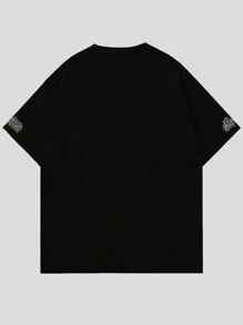 ROMWE MEN Street Life Men's Gothic Printed Short Sleeve T-Shirt, Suitable For Everyday Wear, Spring/Summer, Halloween - Black - View 2