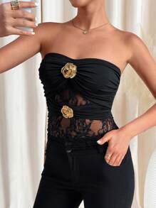 SHEIN Clasi Women's 3D Flower Lace Patchwork See-Through Vest Top, Sexy Camisole For Valentine's Day Festival  Boho