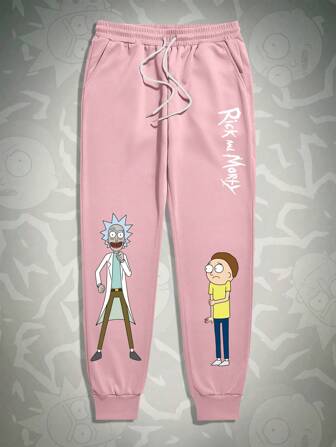 Rick and Morty | ROMWE Men's Cartoon & Letter Print Drawstring Waist Jogger Pants, Sports Casual