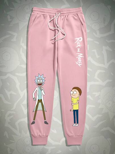 Rick and Morty | ROMWE Men's Cartoon & Letter Print Drawstring Waist Jogger Pants, Sports Casual