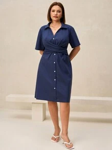 SHEIN Clasi 大码纯色前扣短袖休闲迷你连衣裙 - 藍色 - 查看 6